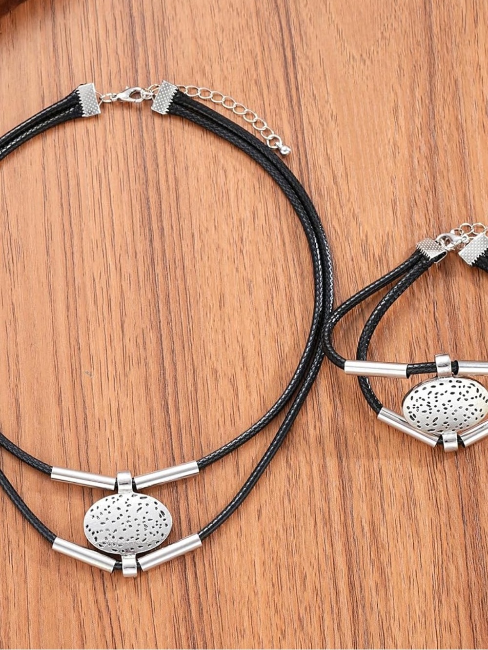 Anthropologie Black Cord Double-Layer Necklace with Silver Discs - Picture 4 of 7